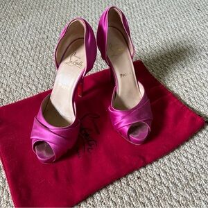 Christian Louboutin Pink Satin D’Orsay Peep Toe Platform Pumps size 37